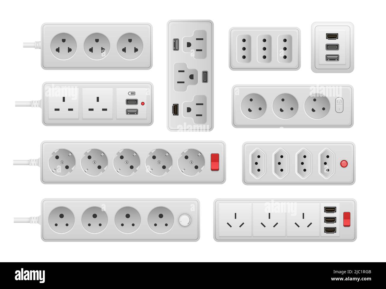Power strip. Realistic electric wall socket extension, 3D AC current