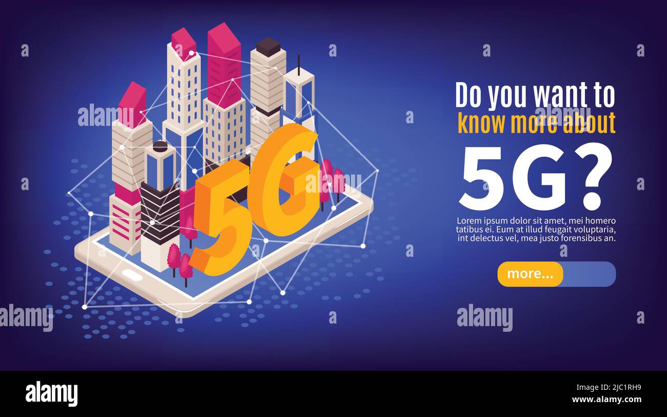 Isometric 5g internet horizontal banner with slider button text and tall buildings on top of smartphone vector illustration Stock Vector