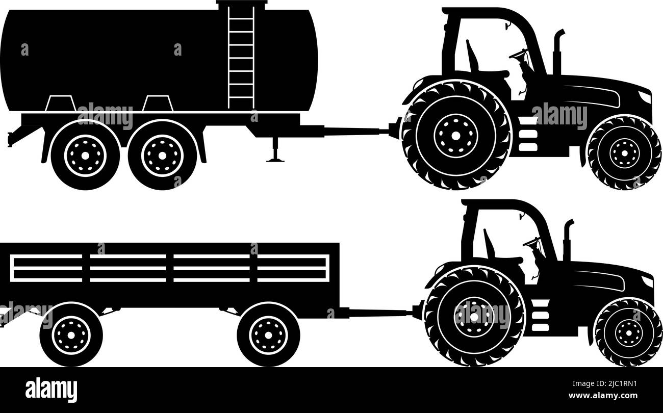 Tractor with trailer and tank silhouette on white background. Agricultural vehicle icons set view from side. Stock Vector