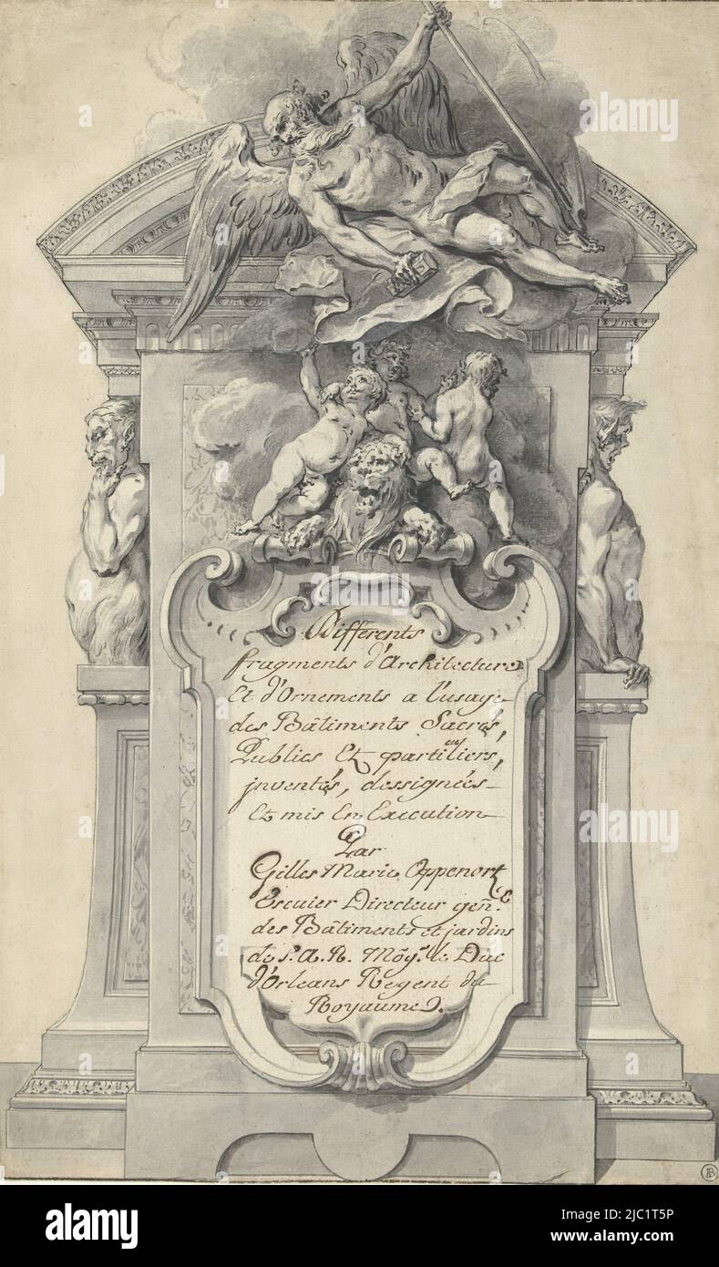 At the top is the Time, below three putti and a lion above a cartouche with text. Design for the title page of a series of prints based on drawings by the artist, the so-called Grand Oppenord, Design for a title page with the Time above a cartouche Differents Fragments d'Architectur (...) (title series)., draughtsman: Gilles Marie Oppenort, Paris, c. 1740, paper, pen, brush, h 483 mm × w 294 mm Stock Photo