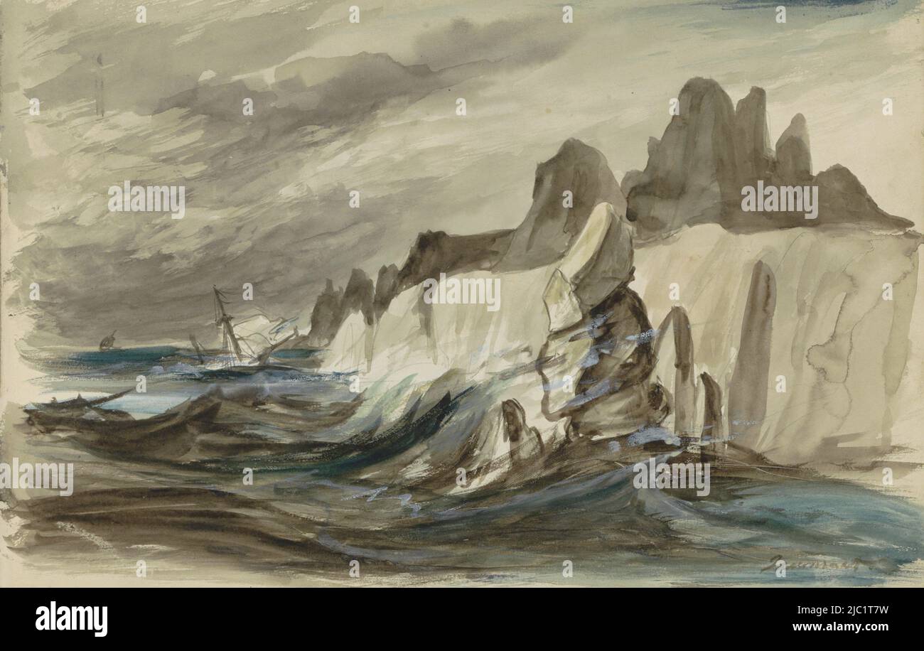 Sheet 3 recto from a sketchbook with 33 sheets, Sailing ship on a stormy sea near a rocky outcrop, draughtsman: Johannes Tavenraat, 1840, paper, brush Stock Photo