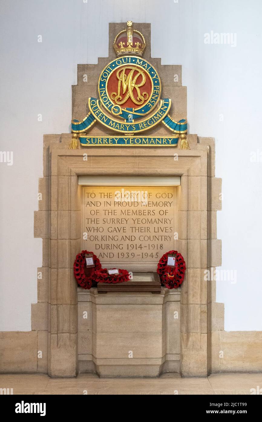 War memorial to the Surrey Yeomanry Queen Mary's Regiment, interior of Guildford Cathedral, Surrey, England, UK Stock Photo