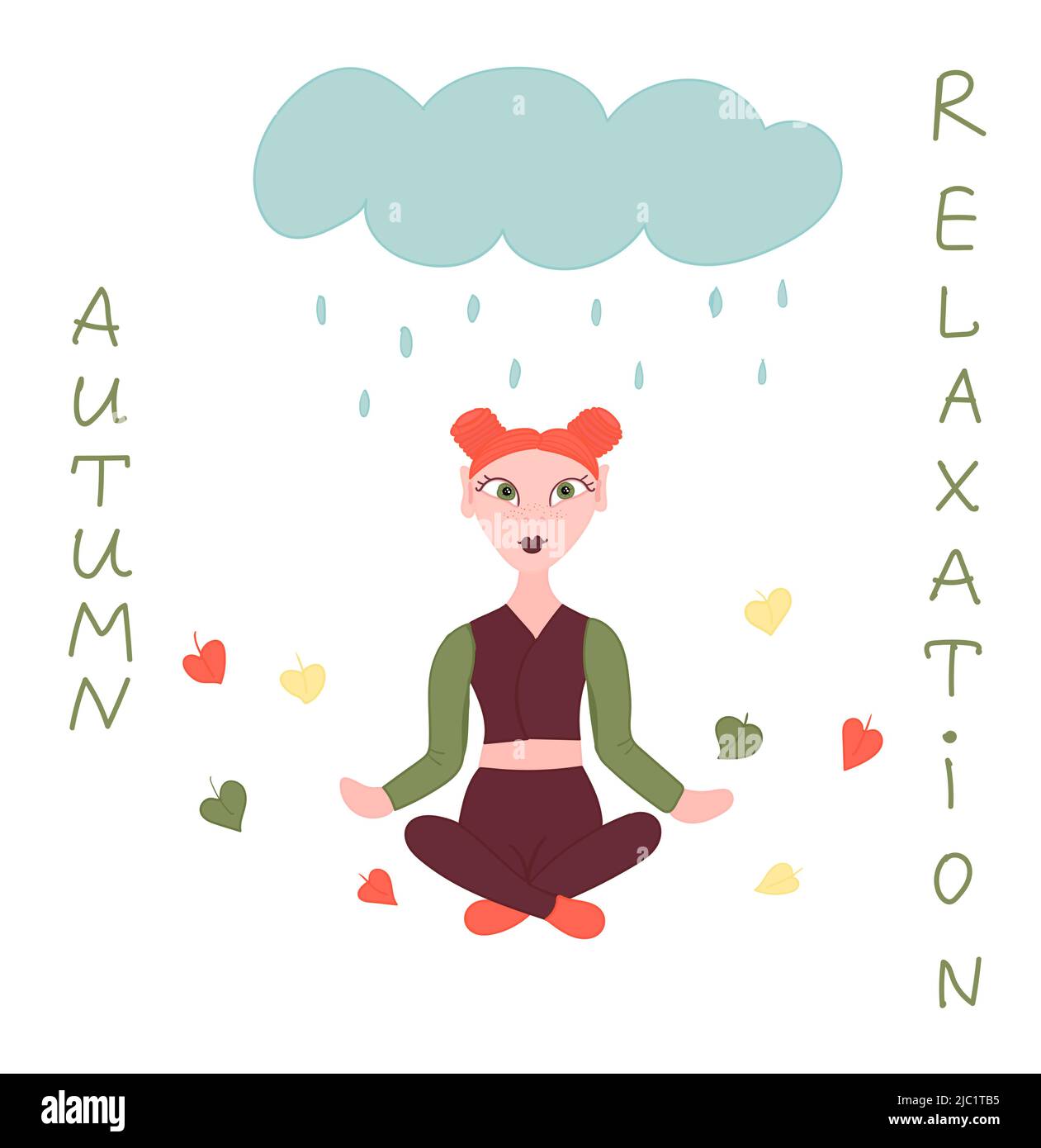 Readhead girl in meditation under rain, autumn Stock Vector