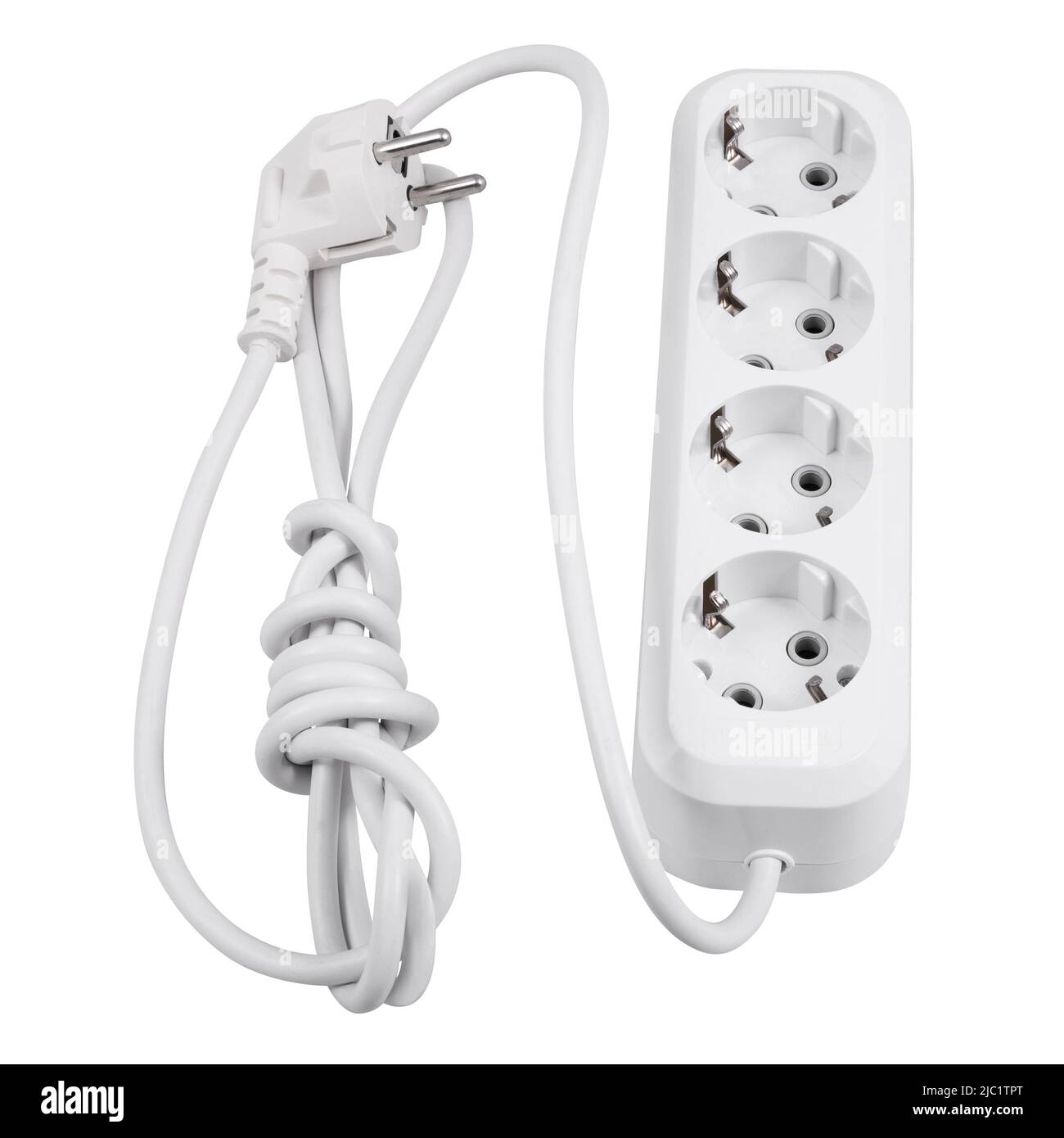 White electrical extension cord with red button to three sockets