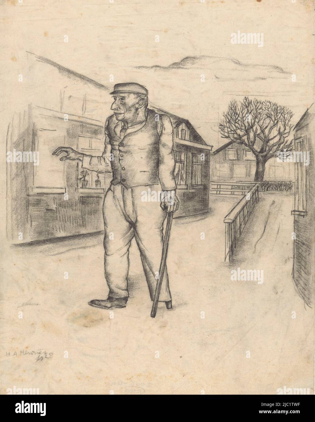 Walking man with a wooden leg and a stick, Walking man with a wooden