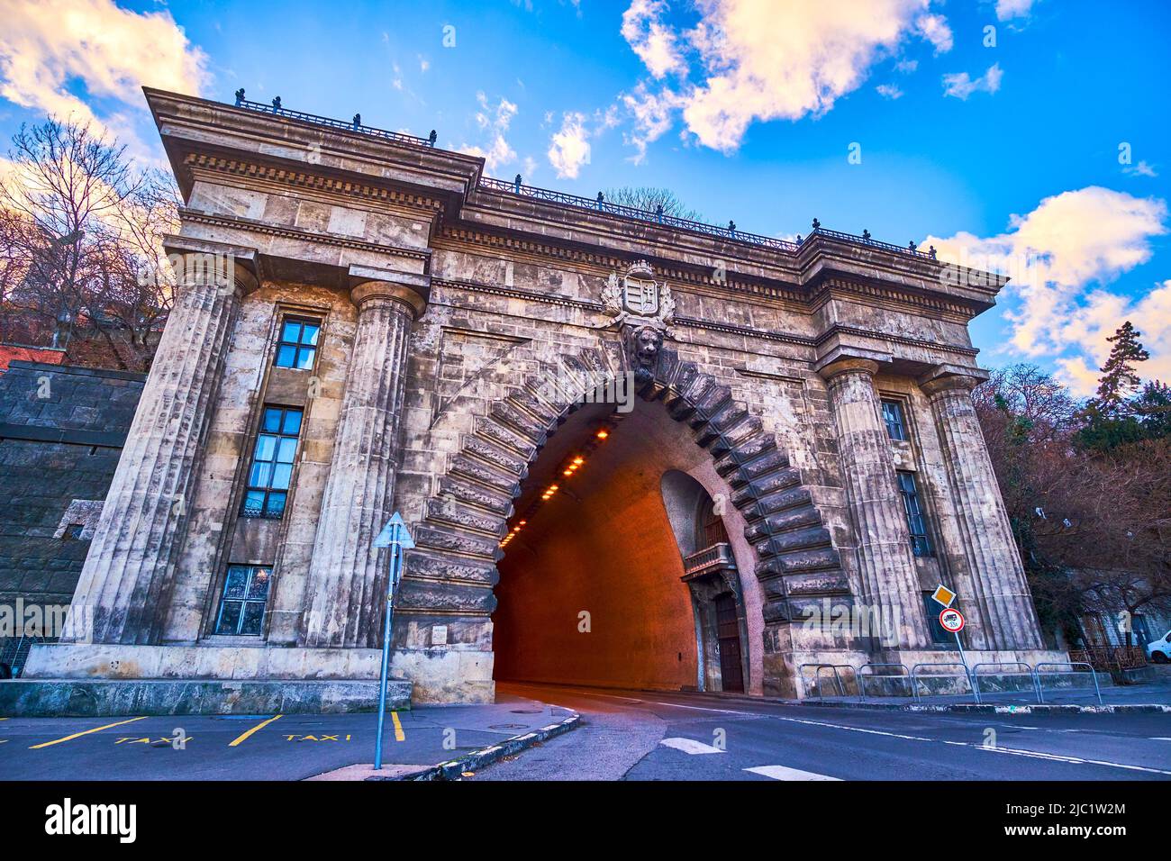 The scenic facade of historical Buda Castle Tunnel on Clark Adam Square, Budapest, Hungary Stock Photo