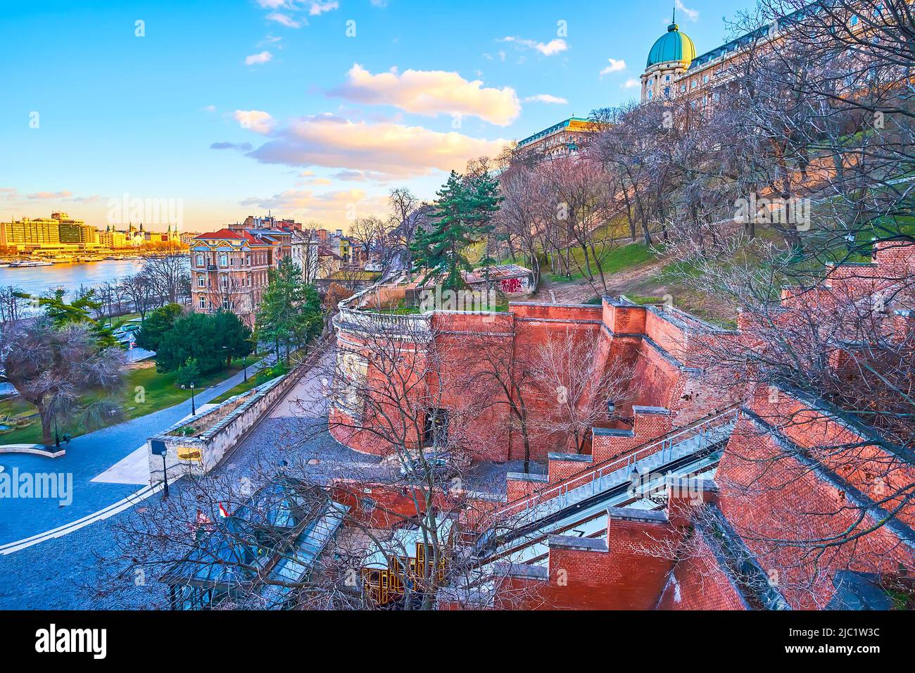 The great view in Buda Castle on the top and the funicular system along ...