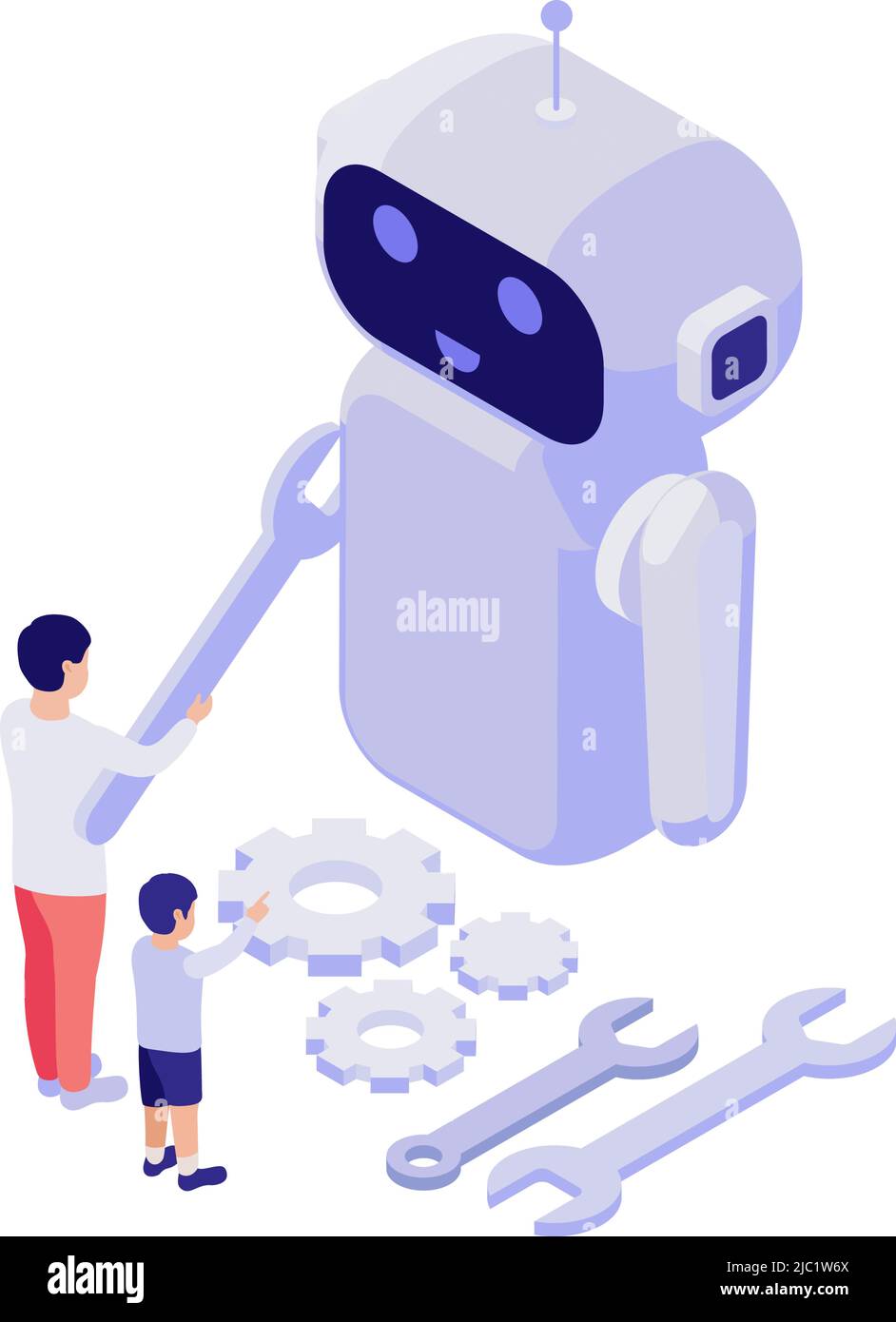 STEM education isometric concept with man and child constructing robot 3d vector illustration Stock Vector