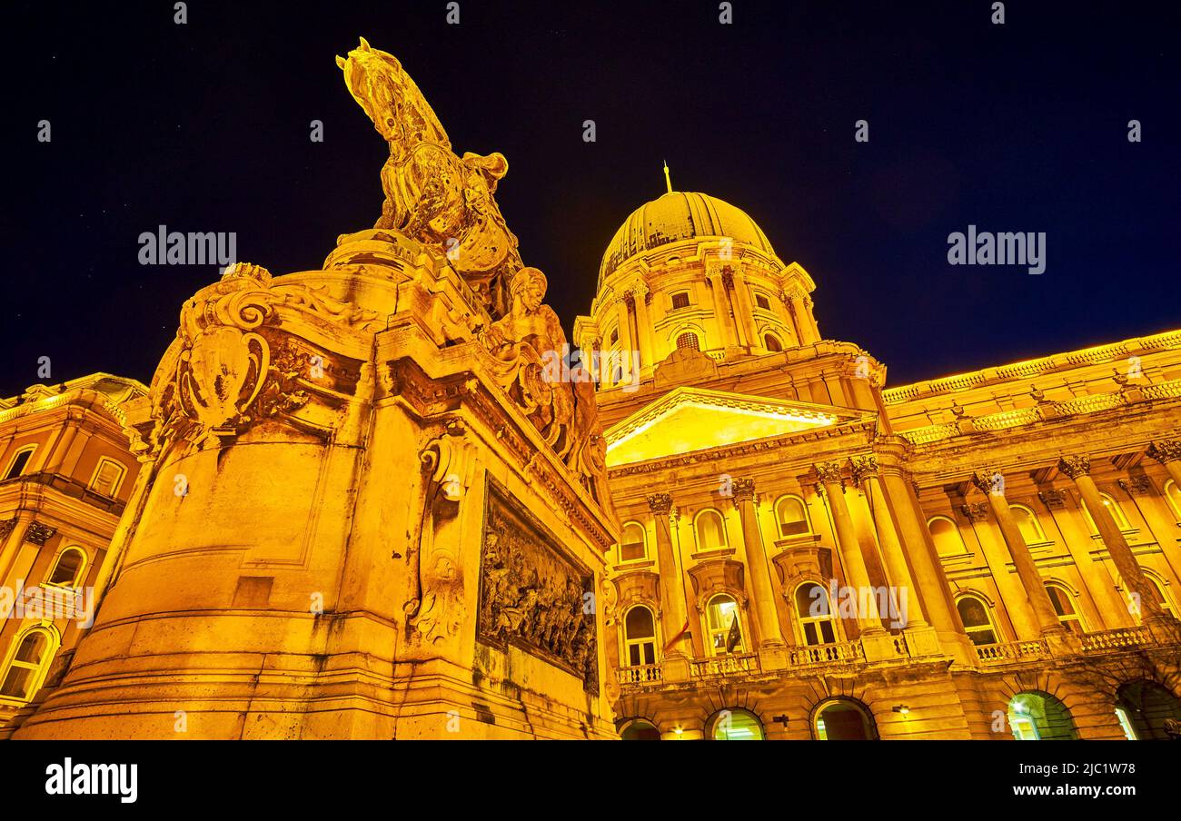 The great night illumination of outstanding Buda Castle, the medieval Royal residence of monarchy, Budapest Stock Photo