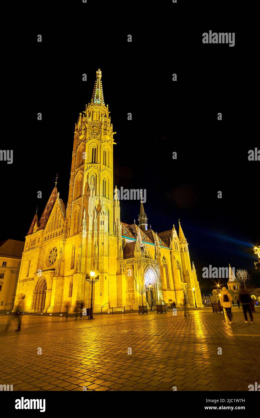Matthias Church in night illumination on Castle Quarter of Budapest, Hungary Stock Photo