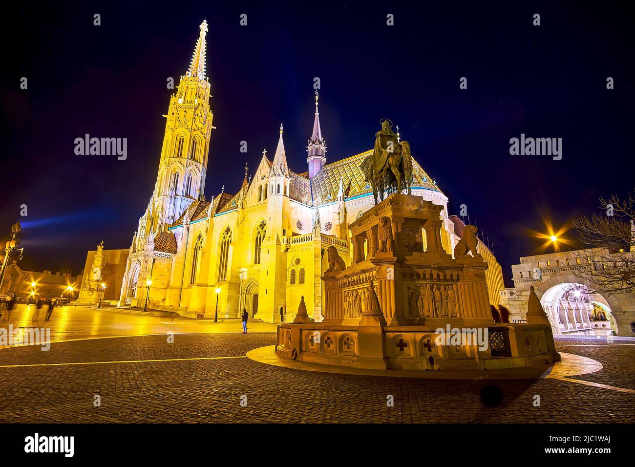 Fisherman's Bastion with monument to St Stephen and Matthias Church in night illumination, Budapest, hungary Stock Photo