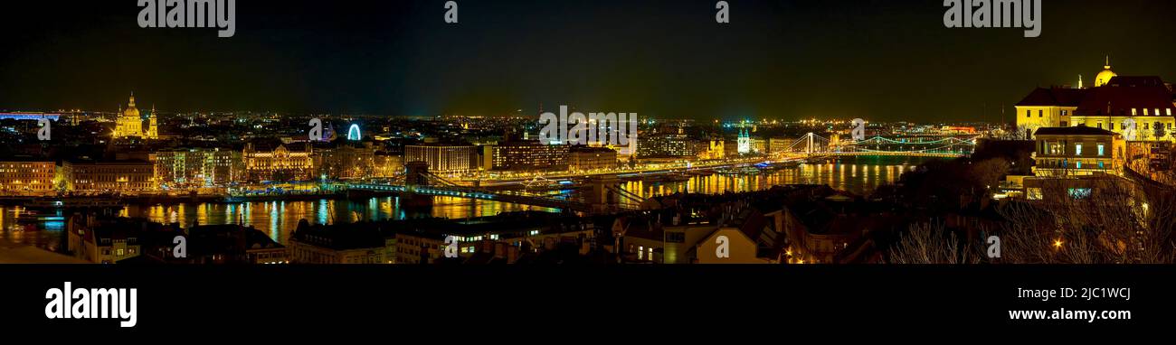 Panorama of Budapest in night illumination, Hungary Stock Photo