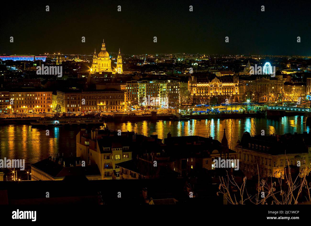 The night bright illumination of Pest's landmarks, Budapest, Hungary Stock Photo
