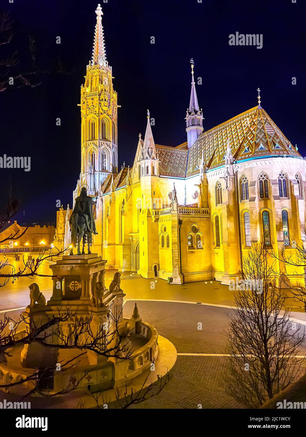 The night visit of Fisherman's Bastion with its main landmarks in bright illumination, Budapest, Hungary Stock Photo