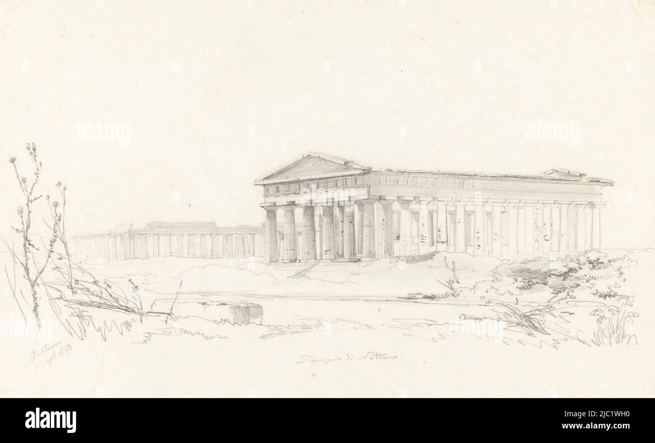 Drawing from a group of drawings of landscapes and townscapes in Italy (Rome, Tivoli, Civita Castellana and Pozzuoli), The Temple of Neptune, Paestum., draughtsman: Pierre Louis Dubourcq, Italy, 1843, paper, h 252 mm × w 401 mm Stock Photo