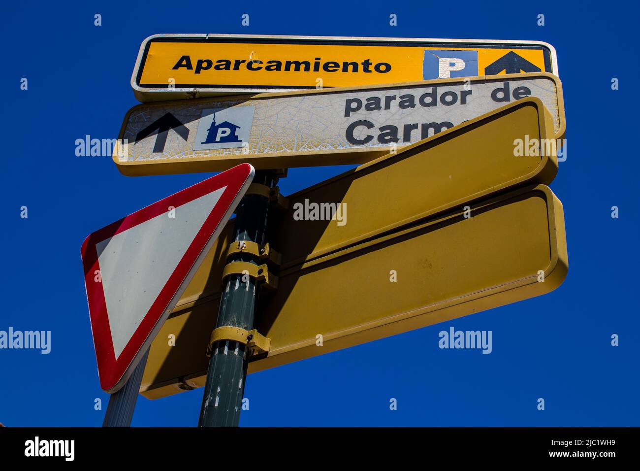 Spain. Sign Carmona, Spain - June 08, 2022 Road sign, erected at the side of or ...
