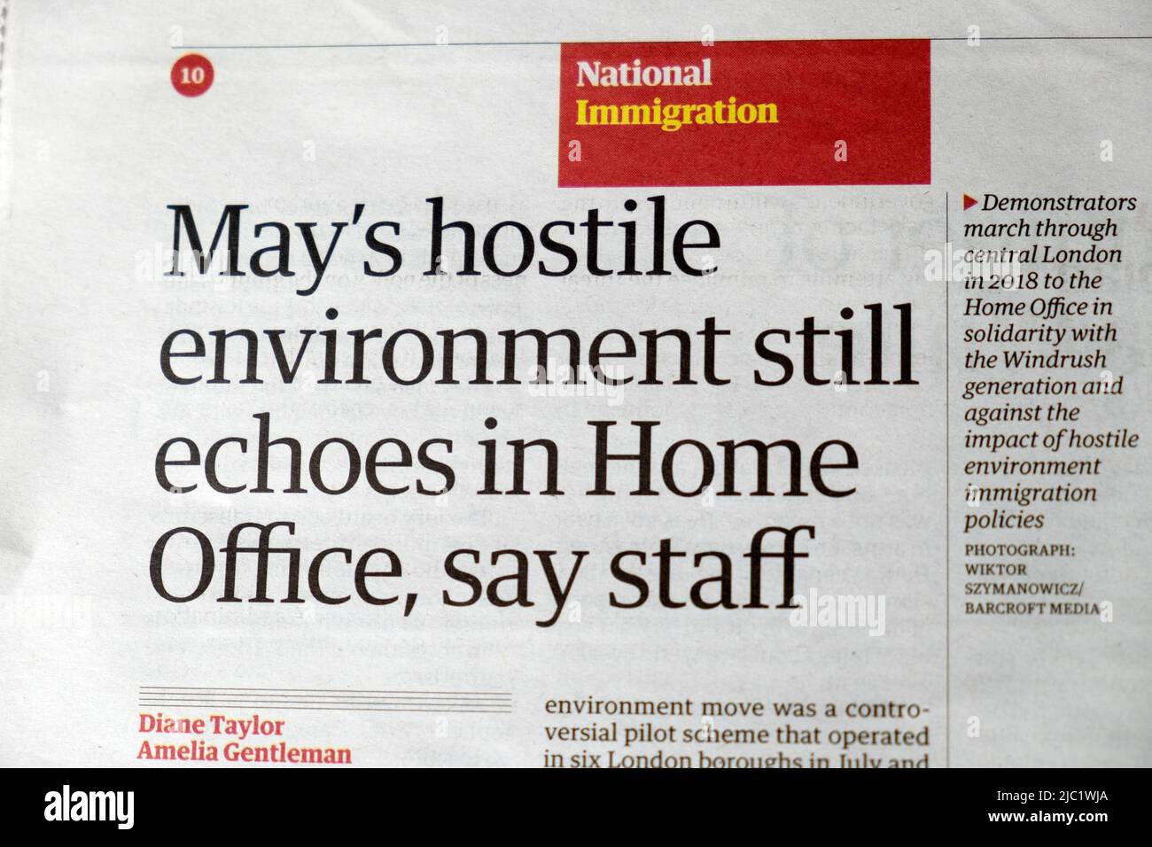 Theresa 'May's hostile environment still echoes in Home Office, say staff' Guardian newspaper headline Immigration article clipping London UK   2022 Stock Photo
