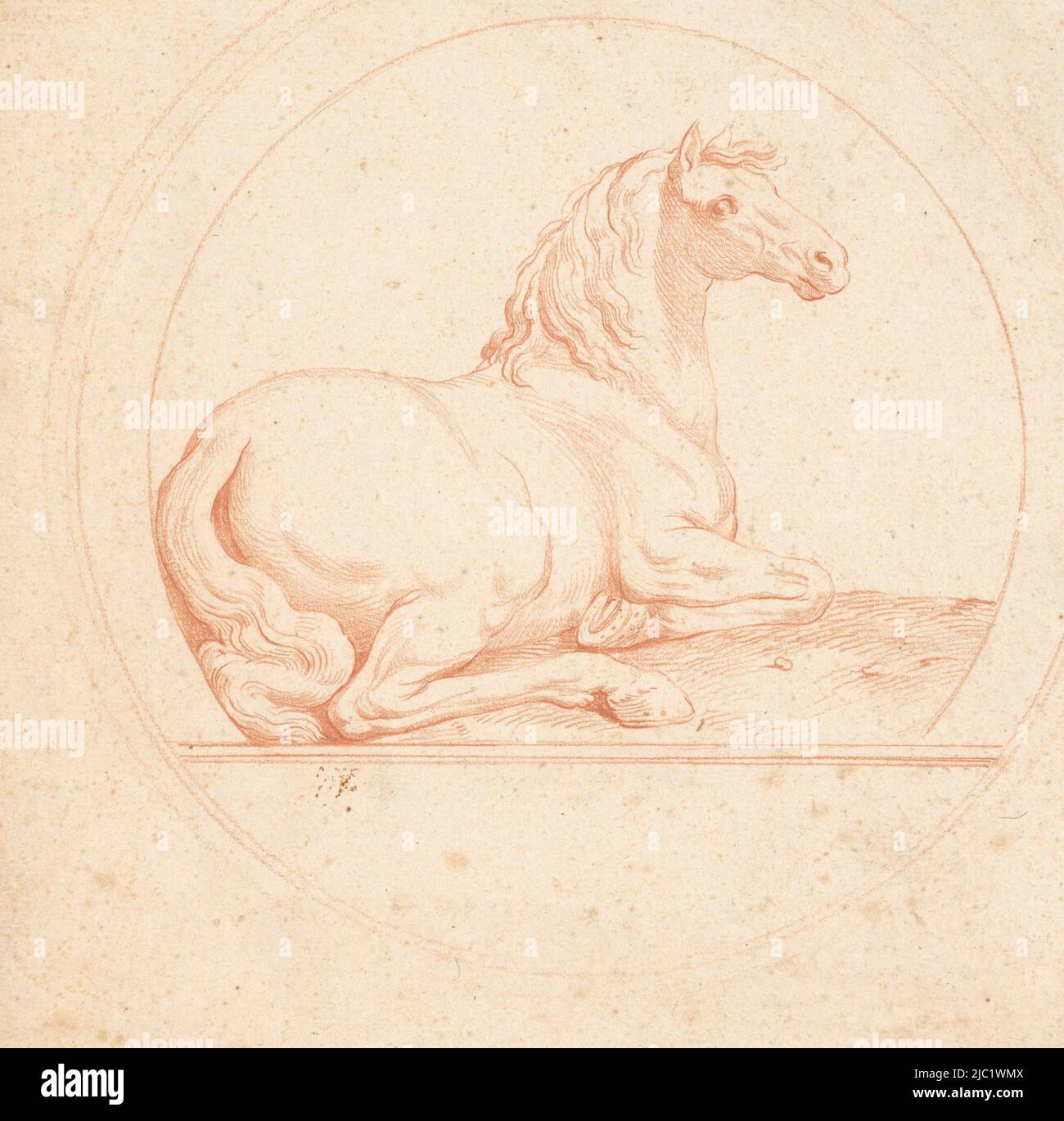 The drawing is the design for a medal issued in 1755 by the Ordinaire des Guerres., Reclining horse, design for a medal, draughtsman: Edme Bouchardon, (mentioned on object), Paris, 1755, paper, h 228 mm × w 284 mm, d 210 mm Stock Photo