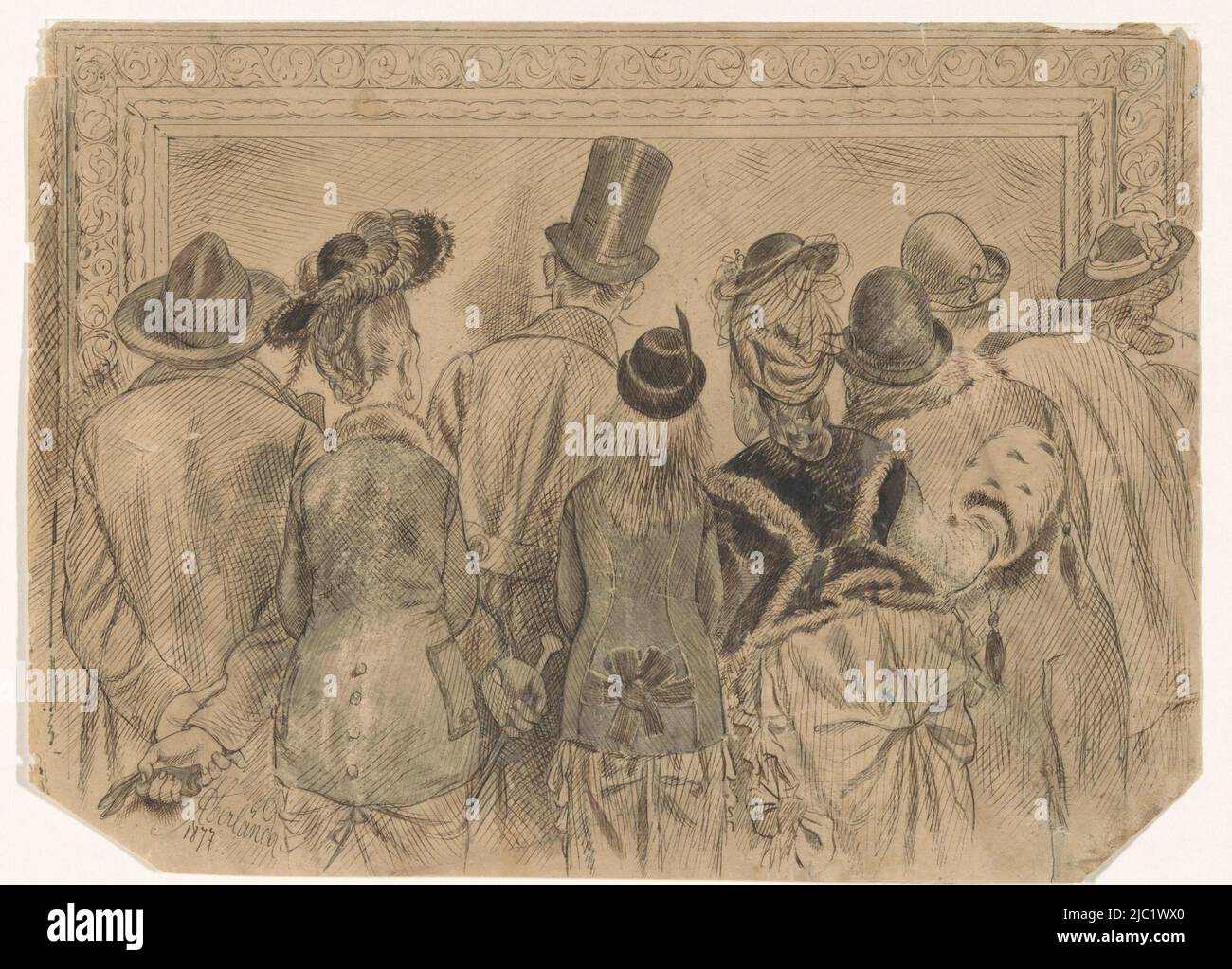 Eight men and women in front of a store window, seen from the back, draughtsman: Adam Adolf Oberländer, (signed by artist), 1877, paper, pen, brush, h 167 mm × w 230 mm Stock Photo