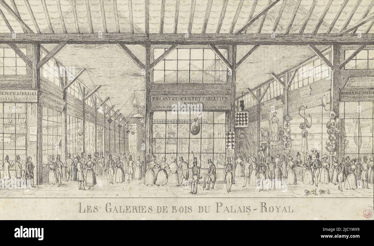 View of the busy shopping arcade with on the corner left the bookshop of Dentu, Interior of the Galerie de Bois next to the Palais-Royal in Paris Les Galeries de Bois, draughtsman: anonymous, 1800 - 1899, paper, pen, h 223 mm × w 379 mm Stock Photo