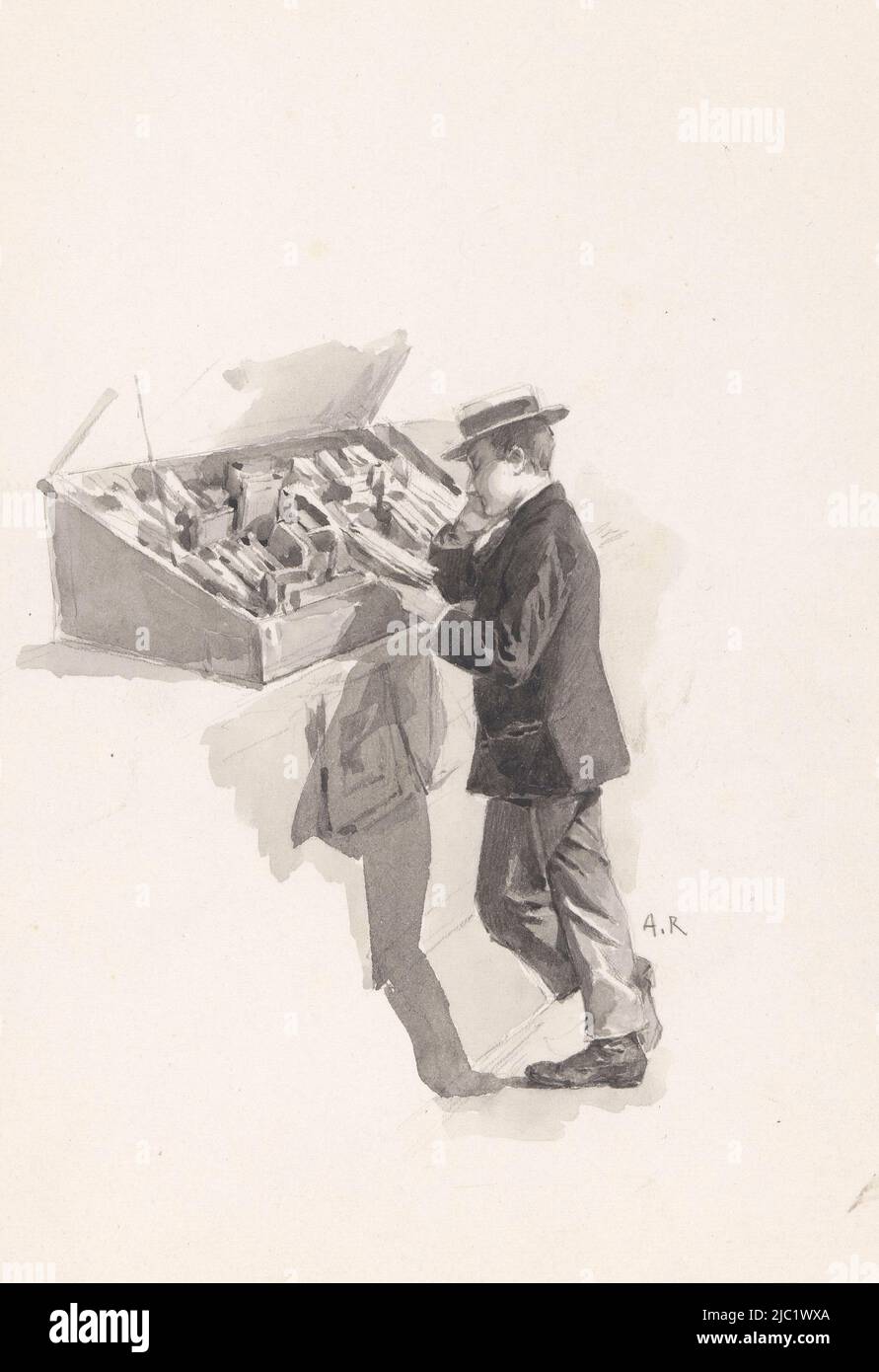 Boy reads a book in front of the showcase of a bookseller il lit les poètes a l'etalage des bouquinistes, draughtsman: Alcide Théophile Robaudi, (mentioned on object), 1890 - 1928, paper, brush, h 335 mm × w 250 mm Stock Photo