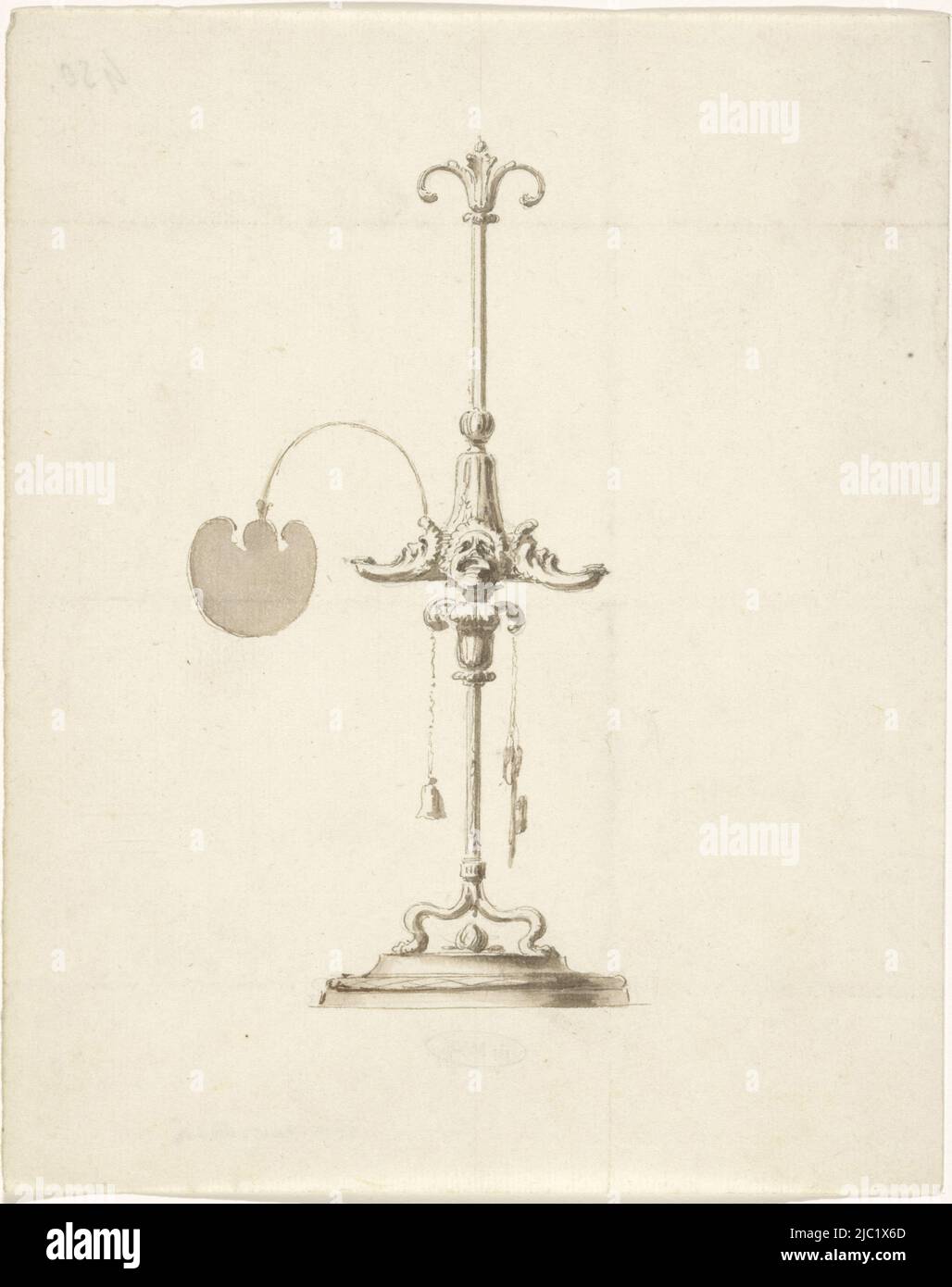 Design for an oil lamp with burners in the form of antique masks, draughtsman: Luigi Valadier, (attributed to), Rome, c. 1765 - c. 1775, paper, pen, brush, h 326 mm × w 188 mm Stock Photo
