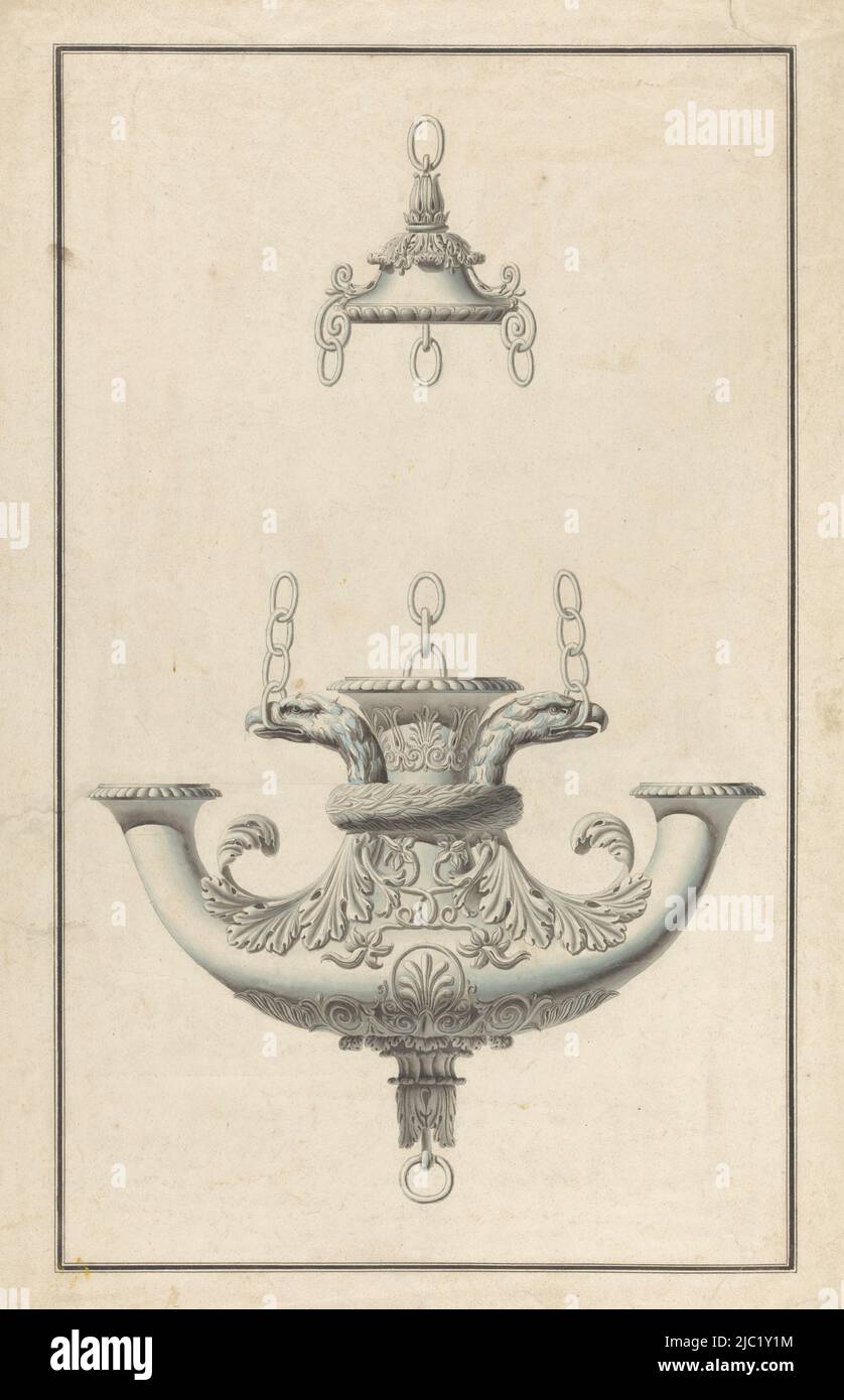 A hanging, patinated bronze lamp for three candles, decorated with eagle  heads, draughtsman: anonymous, France, (possibly), c. 1805 - c. 1820,  graphite (mineral), brush, h 532 mm × w 357 mm Stock Photo - Alamy