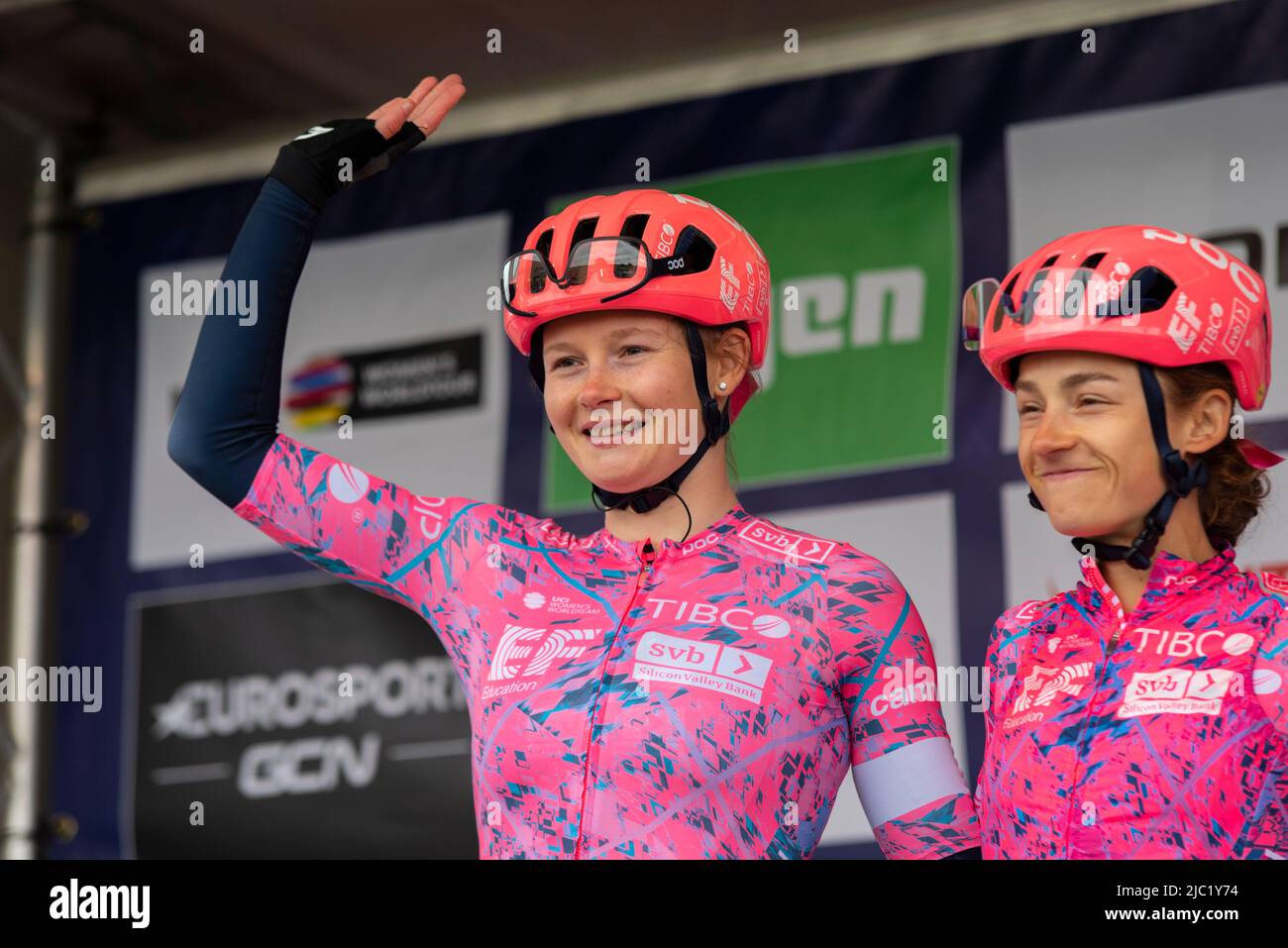 Abi Smith, British cyclist of team EF Education at Colchester Sports Park sign-in before competing in the UCI Women’s Tour cycle race Stage 1 Stock Photo