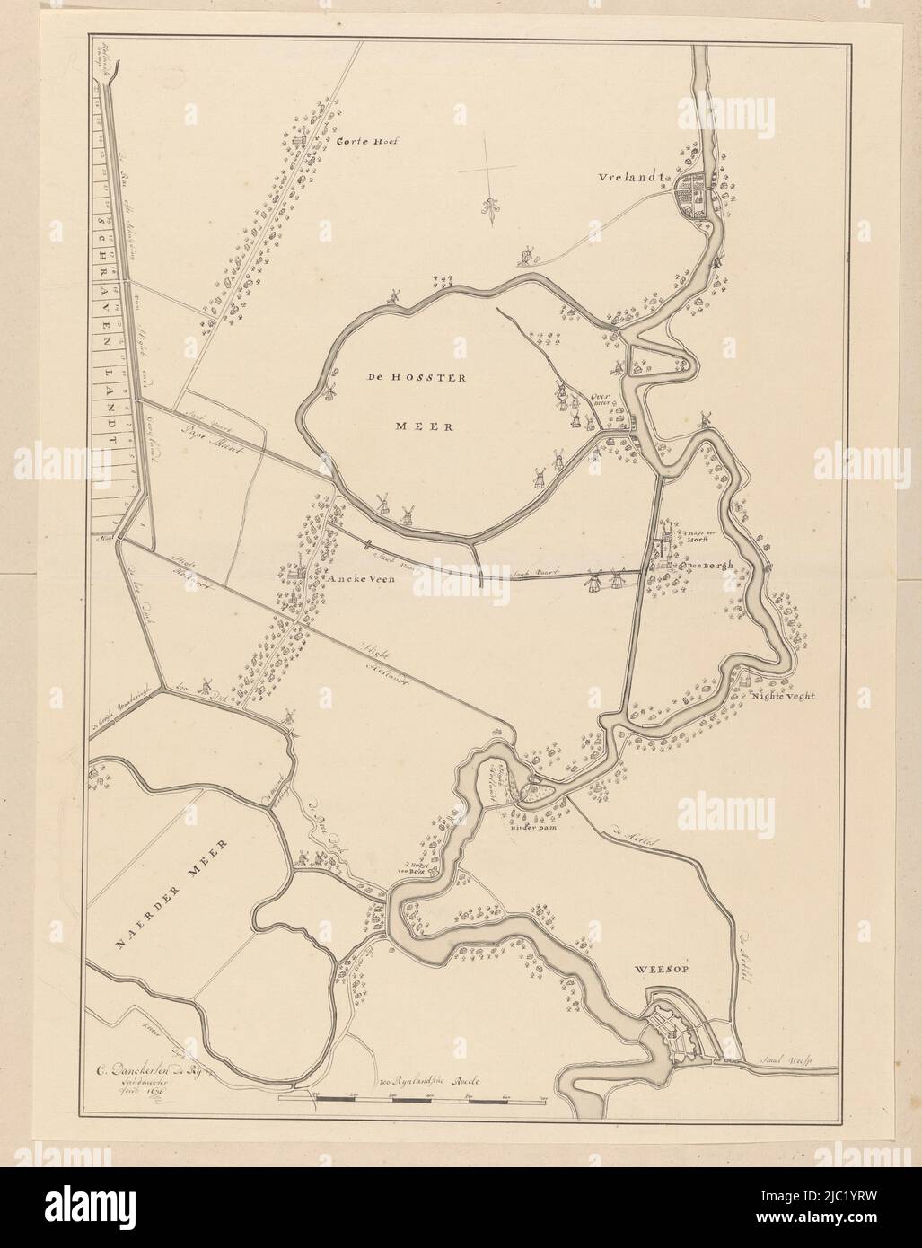 Manuscript map of part of the Gooi, with the course of the Vecht from Vreeland to Weesp, the Naardermeerpolder, the Hostermeerpolder and surrounding areas. At the bottom of a scale stick: 700 Rynlandsche roede., Map of a part of the Gooi., draughtsman: Cornelis Danckerts de Rij (II), (mentioned on object), Cornelis Danckerts de Rij (II), (mentioned on object), Amsterdam, 1636 - 1799, paper, pen, brush, h 618 mm × w 470 mm Stock Photo