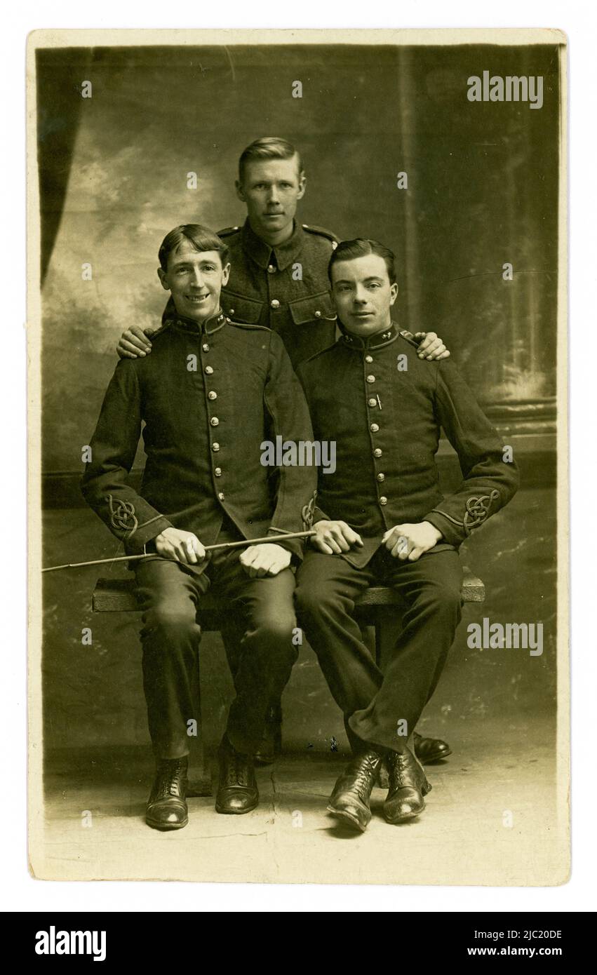 Original and clear WW1 era postcard of 3 young Royal Artillery Officers, comrades, the studio of F. G. Steggles, Dovercourt, near Harwich, Essex, U.K. 1914-1918 Stock Photo