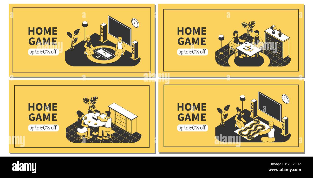 Isometric Horizontal Banners Set With Family Playing Board Games At Home 3d Isolated Vector 