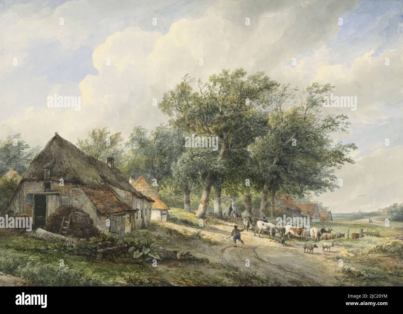 Landscape with farms and cattle, draughtsman: Wijnand Nuijen, 1823 - 1839, paper, brush, h 333 mm × w 454 mm Stock Photo