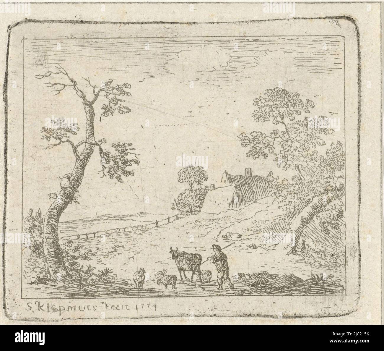 In a hilly landscape a shepherd drives his cattle. In the background two farmhouses and some trees, Landscape with a shepherd., print maker: Simon Klapmuts, (mentioned on object), Moordrecht, 1774, paper, etching, h 57 mm × w 68 mm Stock Photo
