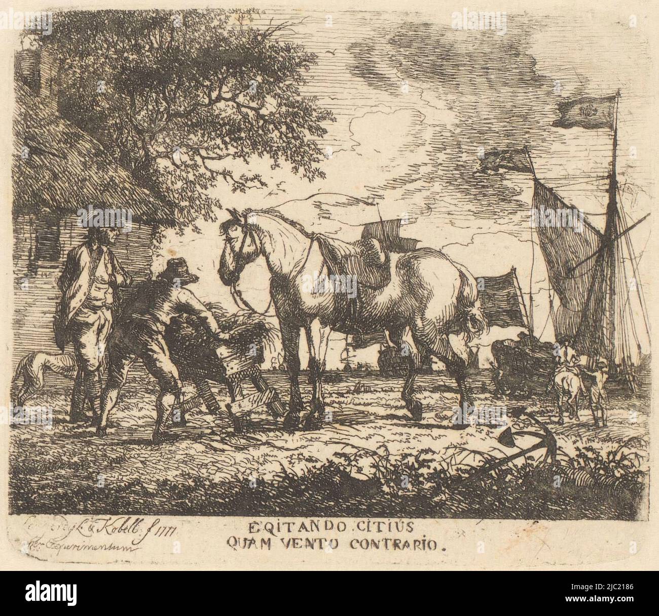At a farm a man puts up a manger filled with hay for a saddled horse. A soldier watches in the company of a dog. In the background a soldier on horseback and several ships are depicted, in the foreground on the right an anchor, Feeding the horse Egitando citius quam vento contrario, print maker: Dirk Langendijk, (mentioned on object), print maker: Hendrik Kobell, (mentioned on object), 1777, paper, etching, h 79 mm - w 91 mm Stock Photo