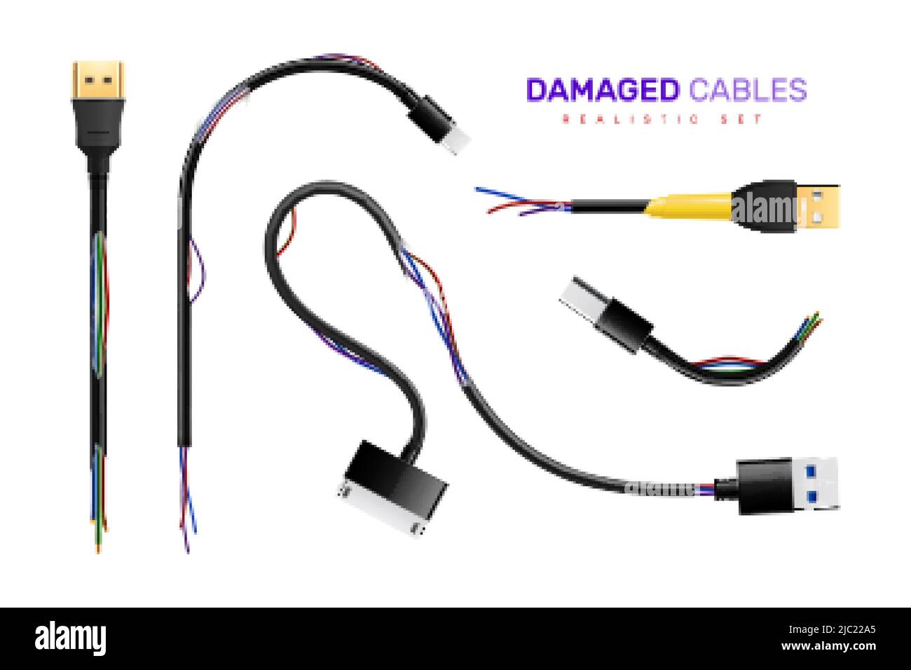 Set of isolated usb plug in cables damaged with realistic images of