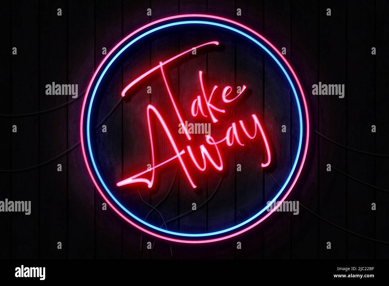 Take Away Neon Sign on a Dark Wooden Wall Stock Photo