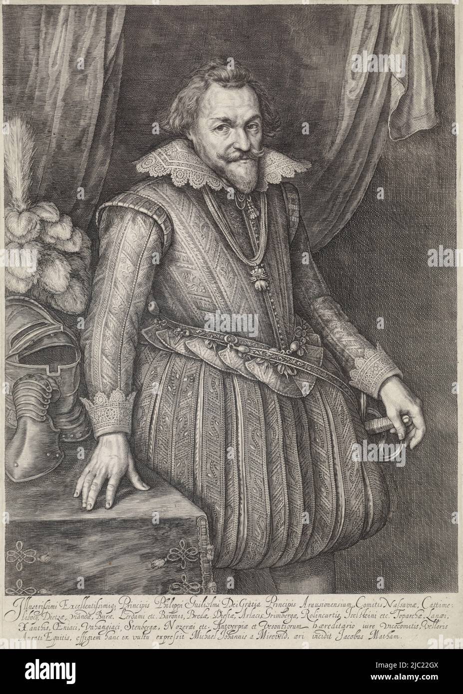 Kneepiece of Philip William, Prince of Orange, dressed in armor, standing beside table on which is a plumed helmet and glove. Behind him a drapery, Portrait Philip William, Prince of Orange, print maker: Jacob Matham, (mentioned on object), Michiel Jansz van Mierevelt, (mentioned on object), Haarlem, 1610 - 1618, paper, engraving, h 410 mm × w 292 mm Stock Photo