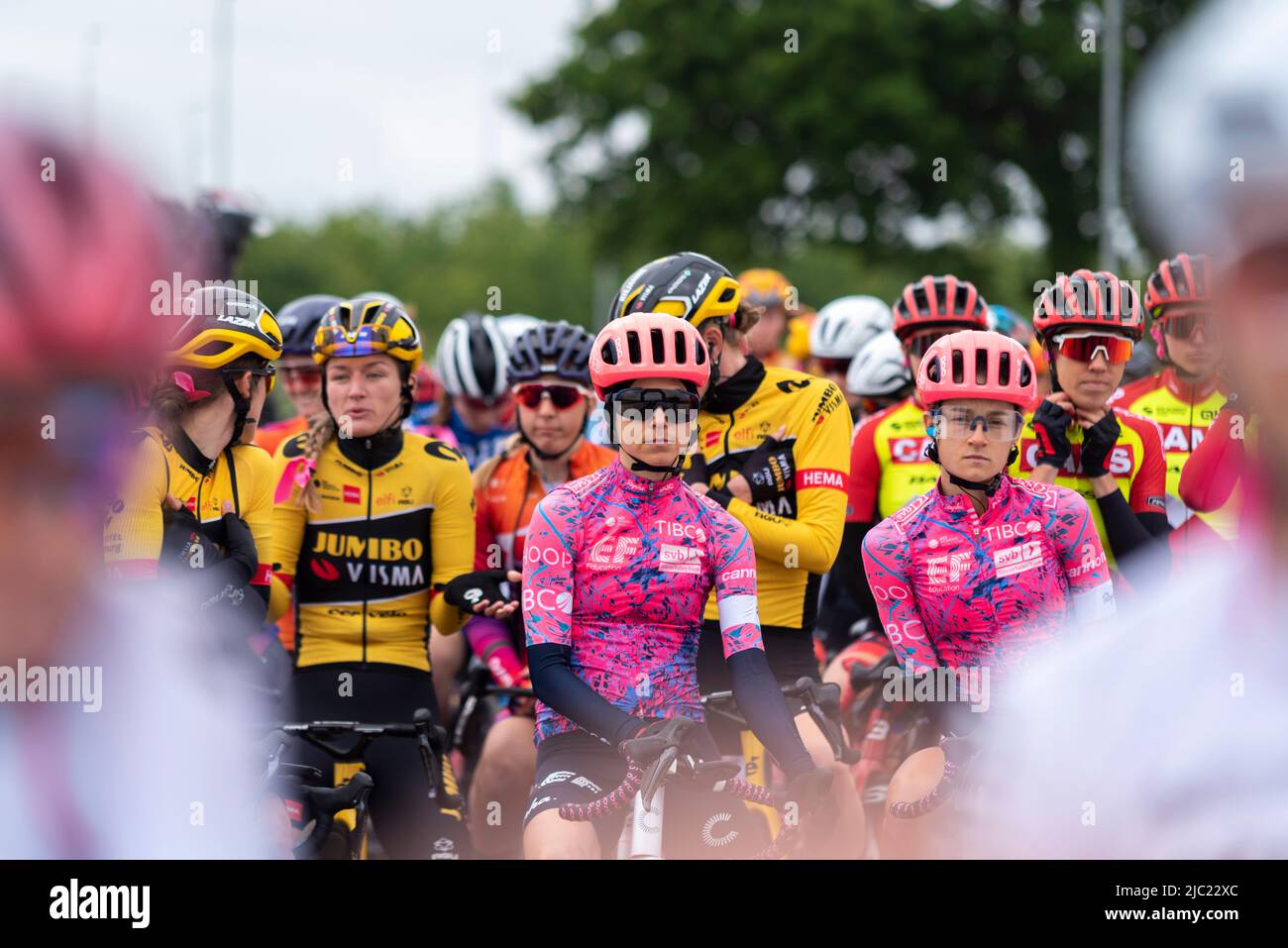 Cyclists of team EF Education TIBCO SVB in group start at Colchester