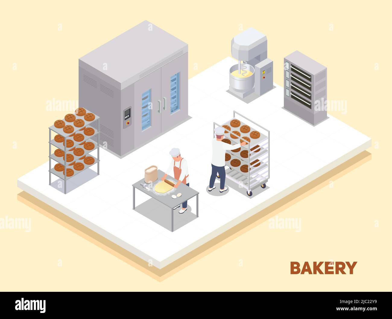 Bakery interior with oven shelves with bread and bakers at work