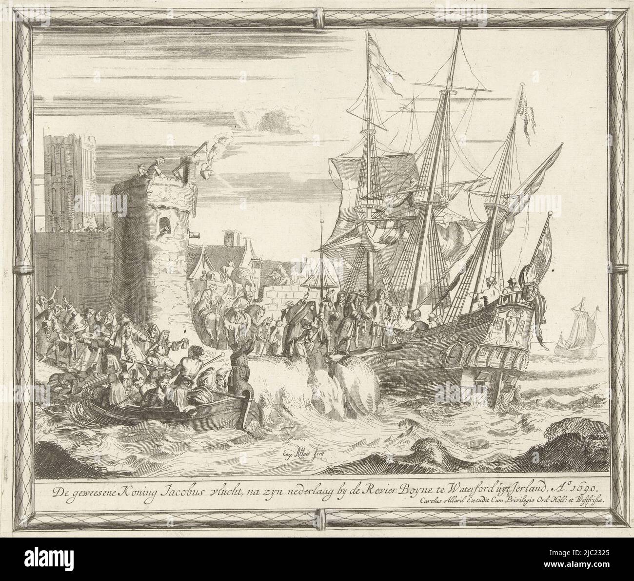 Flight of King James to France on July 12, 1690 after his defeat against William III's army at the Battle of the Boyne. The king boards a ship in Waterford. Plate 16 in a series of 20 plates on the Glorious Revolution in England in the years 1688-1691, Flight of James after his defeat at the Boyne, 1690 The geweesene King James flees, after his defeat by the Revier Boyne at Waterford uyt Ireland. Ao. 1690 (title on object) History of the revolution in England 1688-1691 in 20 plates (series title), print maker: Hugo Allard (I), (mentioned on object), publisher: Carel Allard, (mentioned on Stock Photo