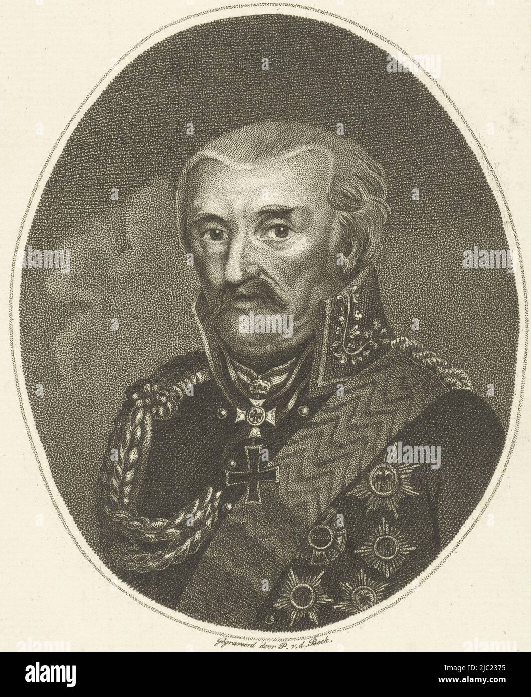 Portrait of Prussian General Gebhard Leberecht von Bl, print maker: Pieter van der Beek, (mentioned on object), publisher: H.C.A. Thieme, Zutphen, 1800 - 1821, paper, etching, h 191 mm × w 122 mm Stock Photo