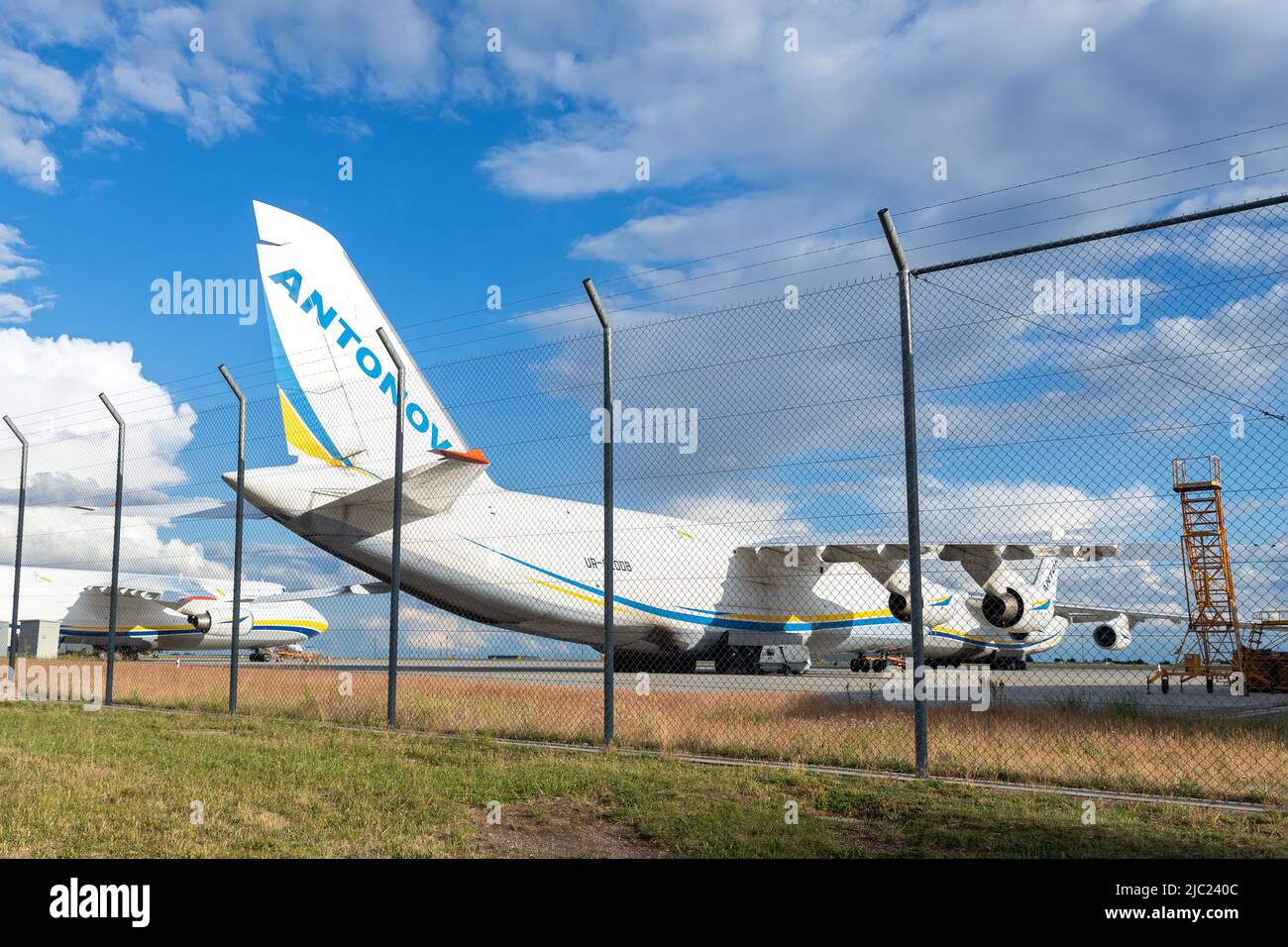 Schkeuditz, Germany - 29th May, 2022 - Many big An-124-100 ukrainian Ruslan cargo jets parked on Leipzig Halle airport terminal tarmac apron for Stock Photo