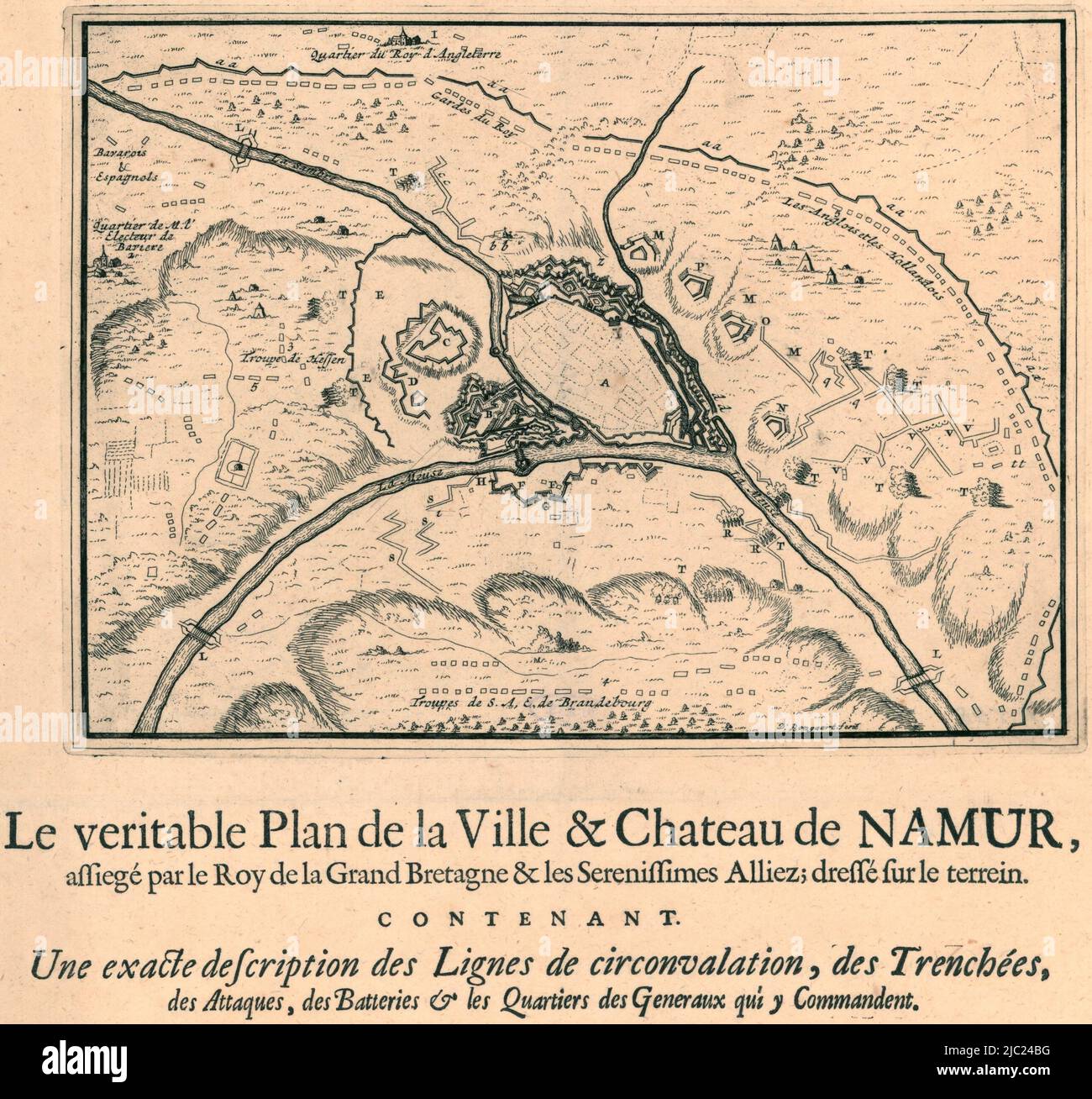 Plan of Namur and its immediate environs showing the positions of the allied troops besieging the city from 3 July 1695. Below the representation legend 1-5, A-Z and aa-tt in French., Map of the Siege of Namur, 1695 La veritable Plan de la Ville & Chateau de Namur, assieg, print maker: Daniel Bongaert, (mentioned on object), publisher: Etienne Foulque, (mentioned on object), print maker: Northern Netherlands, publisher: The Hague, 1695, paper, etching, letterpress printing, h 365 mm × w 323 mm Stock Photo