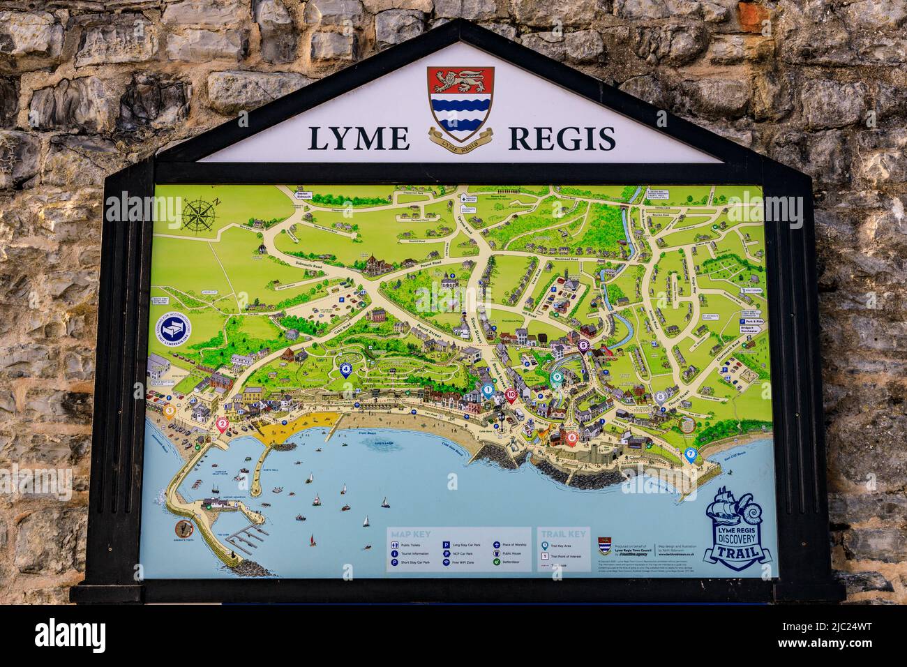Map showing visitors the route and main attractions on the Discovery Trail in Lyme Regis on the Jurassic Coast, Dorset, England, UK Stock Photo