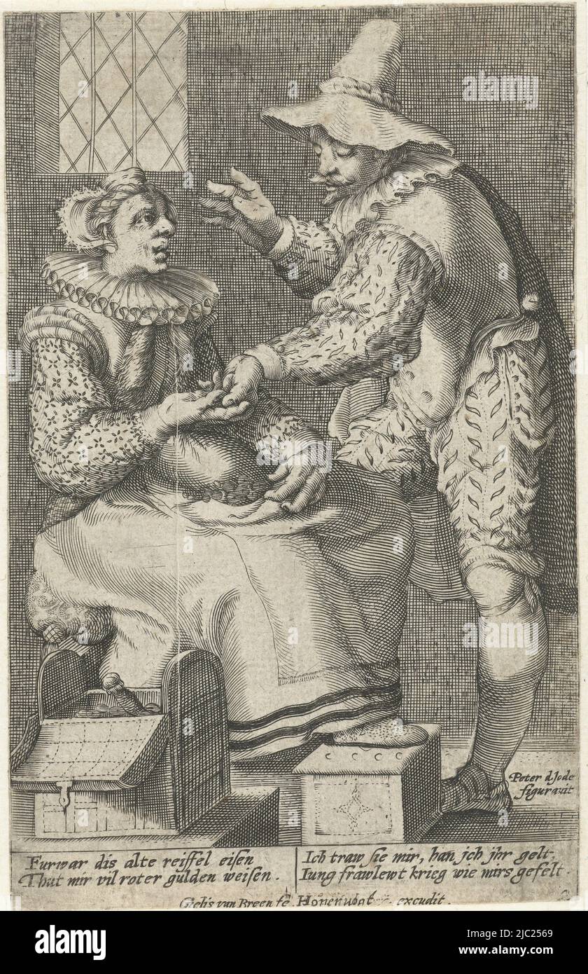 An old woman sits with her feet on a stove, an opened money box beside her. She is showing her money to a young man standing before her, trying to entice him with a few coins in her lap. The verse below the scene explains the man's position. He accepts the old woman's offer and then uses the money to entrap a young woman., The unequal love couple: old woman and young man, print maker: Gillis van Breen, (mentioned on object), Pieter de Jode (I), (mentioned on object), publisher: Jacques Honervogt (I), (mentioned on object), print maker: Netherlands, publisher: Cologne, in or before 1596 and/or Stock Photo