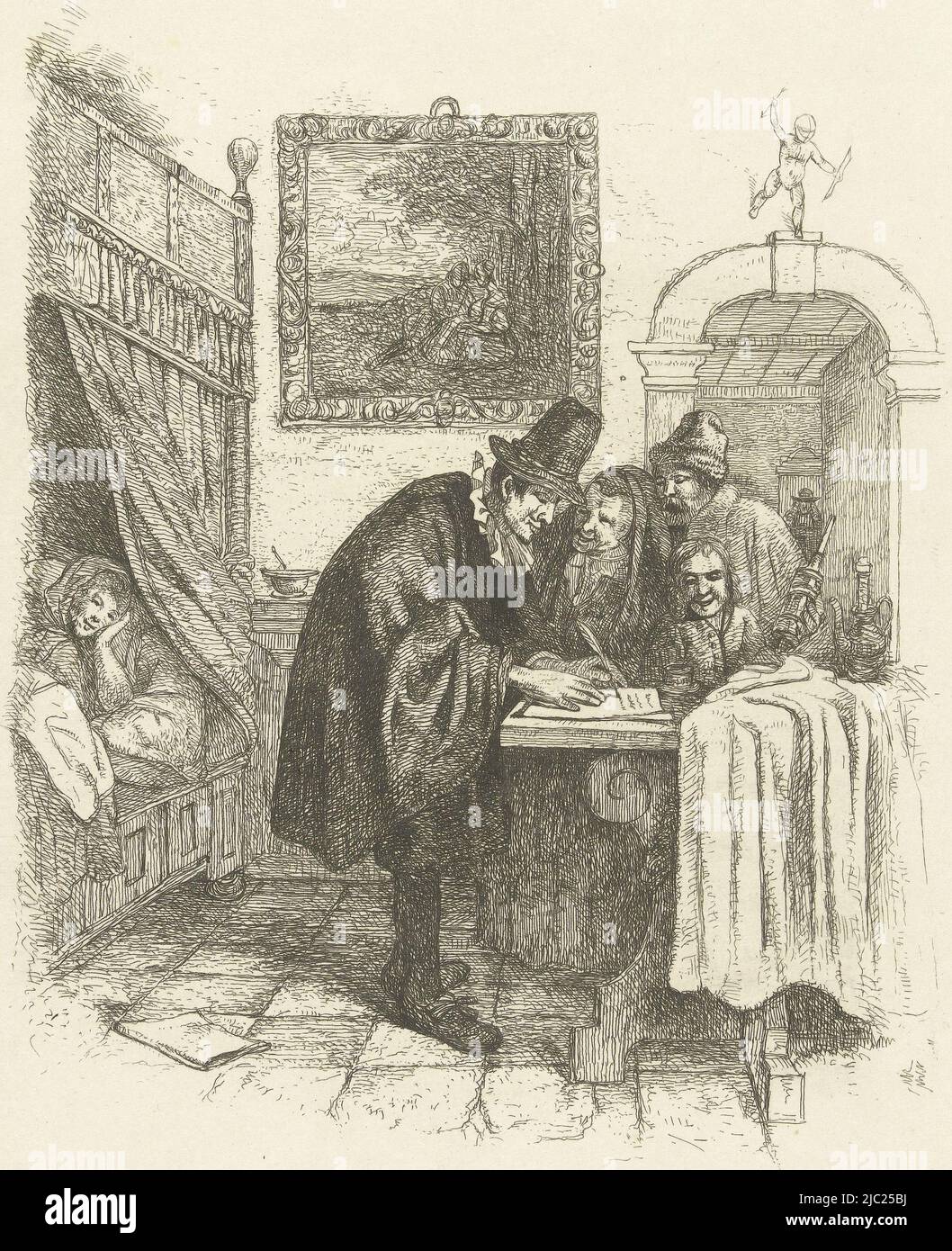 A doctor writes a prescription standing at a table. An old woman, a man with a glandular syringe and a boy look on. The patient, a sick woman, is in bed. Inside, a painting on the wall depicts a pastoral scene. On top of the counter is a small statue of Amor, Doctor on home visit to sick woman, print maker: Albertus Brondgeest, after: Jan Havicksz. Steen, Netherlands, 1796 - 1849, paper, etching, h 249 mm × w 164 mm Stock Photo