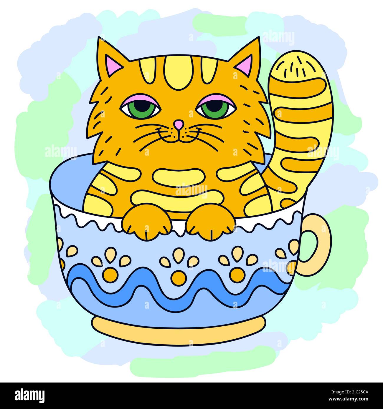 Funny cartoon red cat sits in a cup. Vector Stock Vector