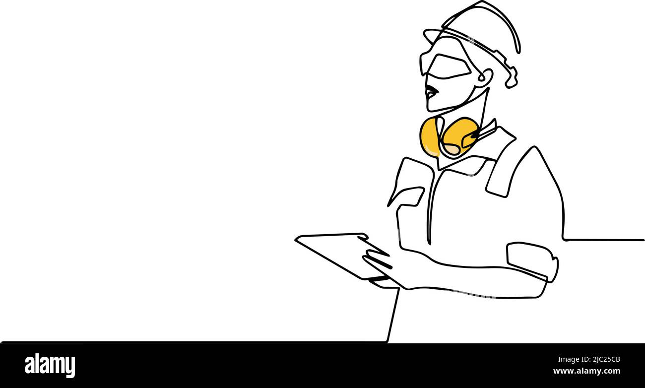 Continuous one line drawing of engineer woman wearing uniform and safety helmet Stock Vector
