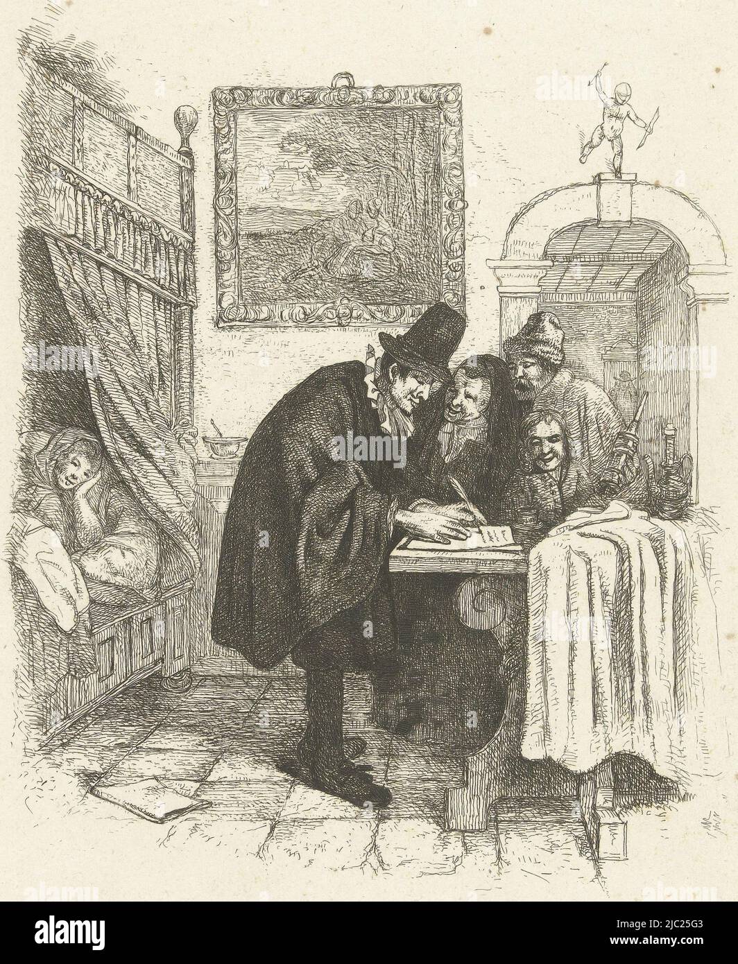 A doctor writes a prescription standing at a table. An old woman, a man with a glandular syringe and a boy look on. The patient, a sick woman, is in bed. Inside, a painting on the wall depicts a pastoral scene. Atop the counter is a small statue of Amor, Doctor on home visit to sick woman, print maker: Albertus Brondgeest, after: Jan Havicksz. Steen, Netherlands, 1796 - 1849, paper, etching, h 249 mm × w 166 mm Stock Photo