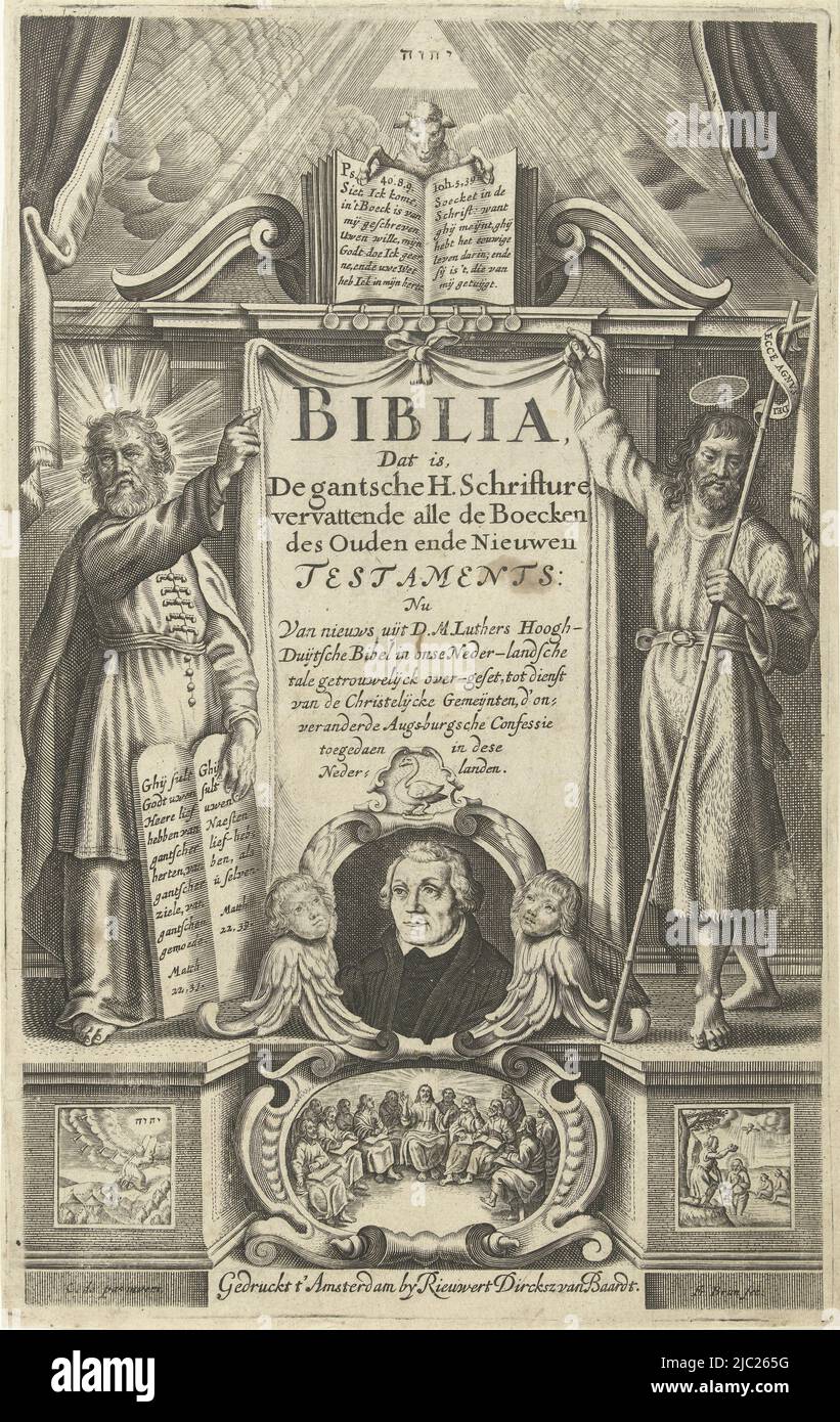Title page for a Bible in the Luther translation. In the center a portrait of Luther. To either side of the title Moses and John the Baptist. Below three biblical scenes: Moses receiving the stone tablets, the Last Supper and the baptism of Christ by John the Baptist. Above the title the Lamb of God holding open a Bible with his paws, Moses, Christ and portrait Martin Luther Title page for: Biblia, that is, The gantsche H. Schrifture, Amsterdam: 1648., print maker: Frans Brun, (mentioned on object), Crispijn van de Passe, (mentioned on object), printer: Rieuwert Dircksz van Baardt, (mentioned Stock Photo